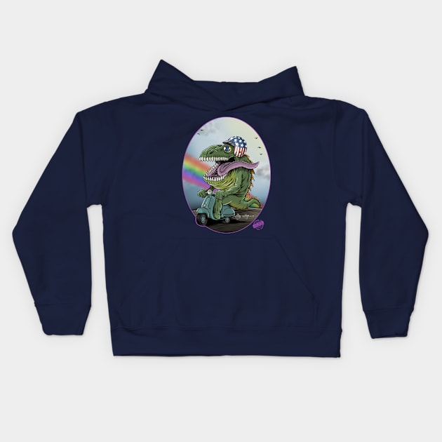 Crazy Happy Scooter Dino Kids Hoodie by davemyersillustration